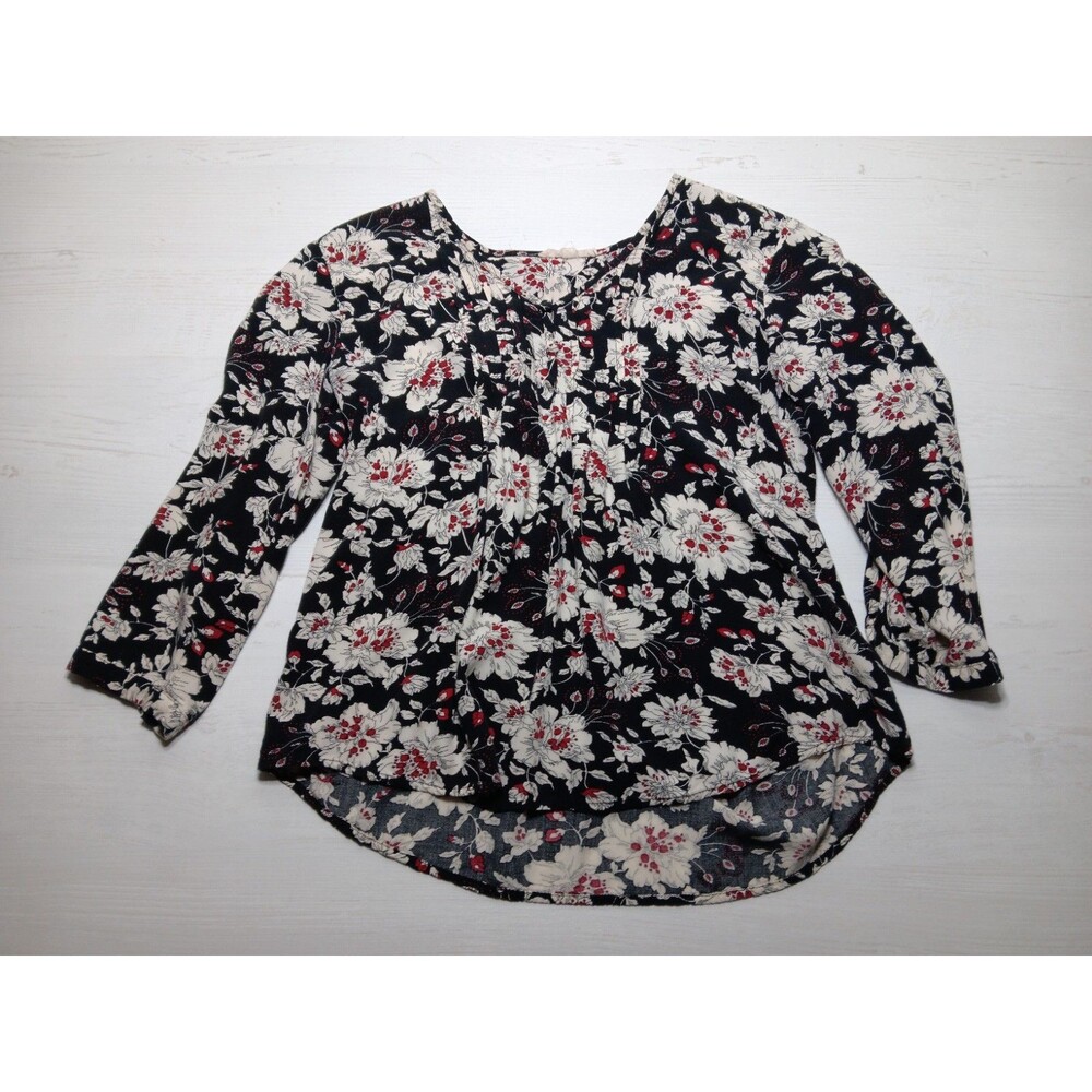 FUN 2 FUN Women Sz S Black Cream Red Floral V-Neck Flowy Popover Top 3/4 Sleeve